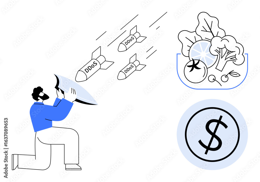 Aufkleber man uses shield to block incoming ddos attack missiles. includes bowl of vegetables and dollar symbo