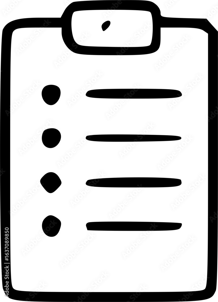 Poster a hand-drawn illustration of a clipboard with a list of four bullet points and horizontal lines, rep