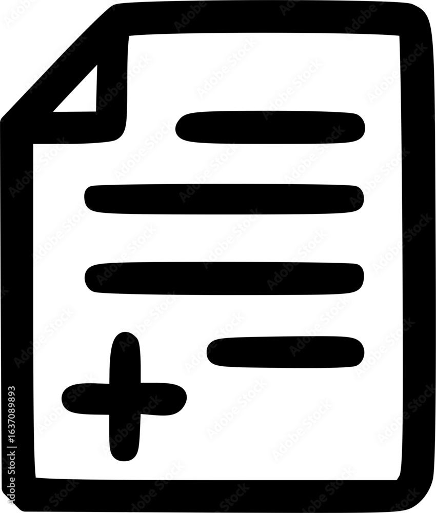 Poster a simple black and white icon depicting a document with text lines and a prominent plus sign, symbol