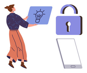 Woman interacting with light bulb icon representing innovation, next to a padlock signifying data security and a smartphone. Ideal for technology, creativity, innovation, security, digital