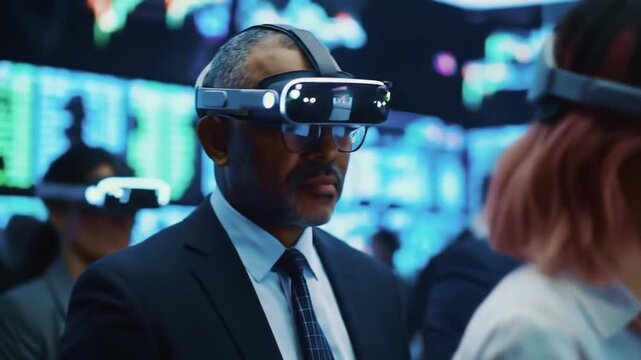 Diverse Team Exploring Financial Data In Virtual Reality Office