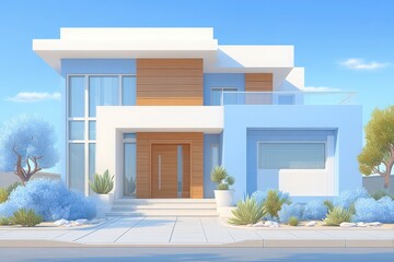 A contemporary house features a striking blue facade complemented by wooden elements. Surrounded by carefully arranged shrubs and plants, the structure stands attractively against a clear blue sky.