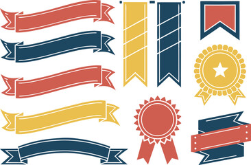 Collection of decorative ribbons and award medals in red yellow and blue