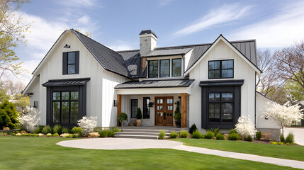 blend of modern and traditional, this modern farmhouse exterior combines sleek metal roof and black window frames for a stylish mix of contemporary and traditional design