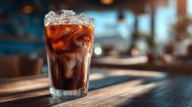Refreshing iced coffee beverage on wooden table at a modern coffee shop