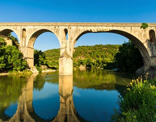 Stone bridge over calm river, arches reflected