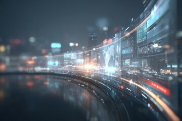Fototapeta premium A futuristic cityscape features glowing digital screens displaying data and maps.