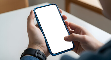 Person Holding Blue Smartphone With Blank White Screen Over White Table Top in Natural Light