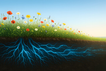 Concept of Glowing Neural Network Roots Under a Flower Meadow