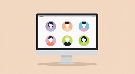 Vector illustration of a virtual meeting on a widescreen monitor, five basic circle avatars in different pastel shades. 