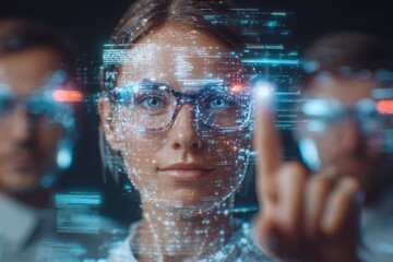 A woman wearing glasses interacts with glowing digital information in a high-tech setting, while two people stand behind her. The atmosphere reflects advanced technology and innovation.