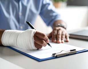 Injured man signing a document