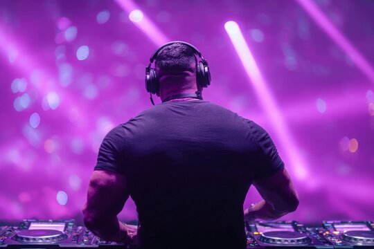 A DJ stands focused at the turntables during an electrifying music festival. Bright purple lights pulse around him as the crowd dances, creating an electrifying atmosphere.