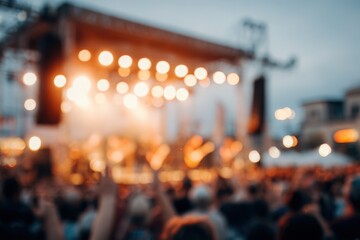 A lively crowd enjoys a concert under the evening sky as bright lights illuminate the stage. People wave their hands and dance, creating an electric atmosphere during the performance.