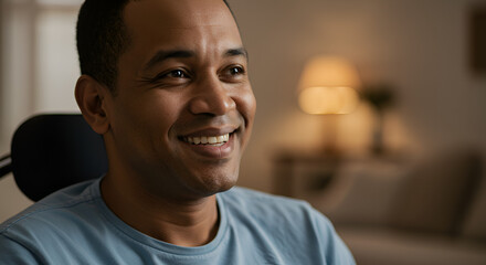 Obraz premium Smiling African American man looking away, exuding happiness and confidence indoors