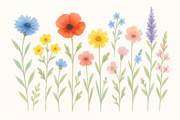 Fototapeta premium A delicate watercolor illustration of various wildflowers in soft pastel and vibrant hues, including blue, red, yellow, pink, and purple blooms. 