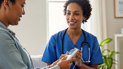Caring Nurse Explains Medical Device to Patient in Healthcare Setting - Powered by Adobe