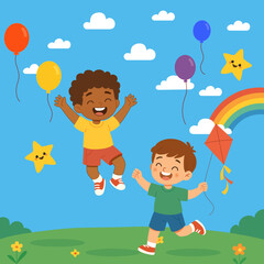 Two happy kids celebrating kid's day with ballons outside on a park playing with a colorful kite