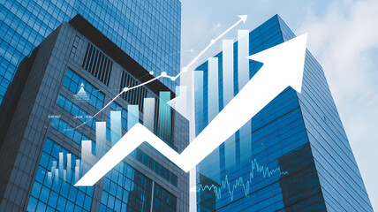 Modern skyscraper with upward trending financial graph overlay
