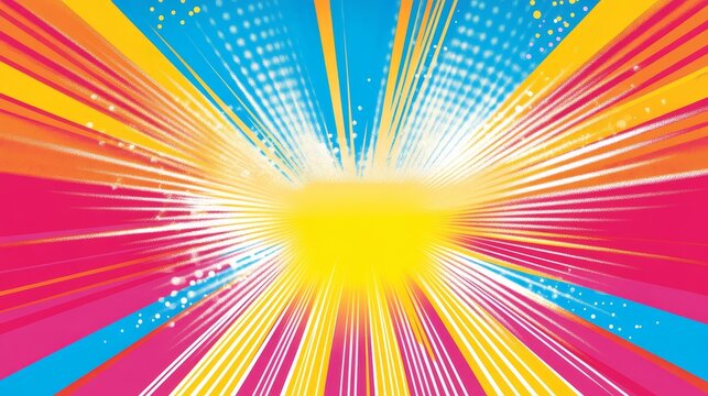 The background features a comic book explosion in a retro pop art style