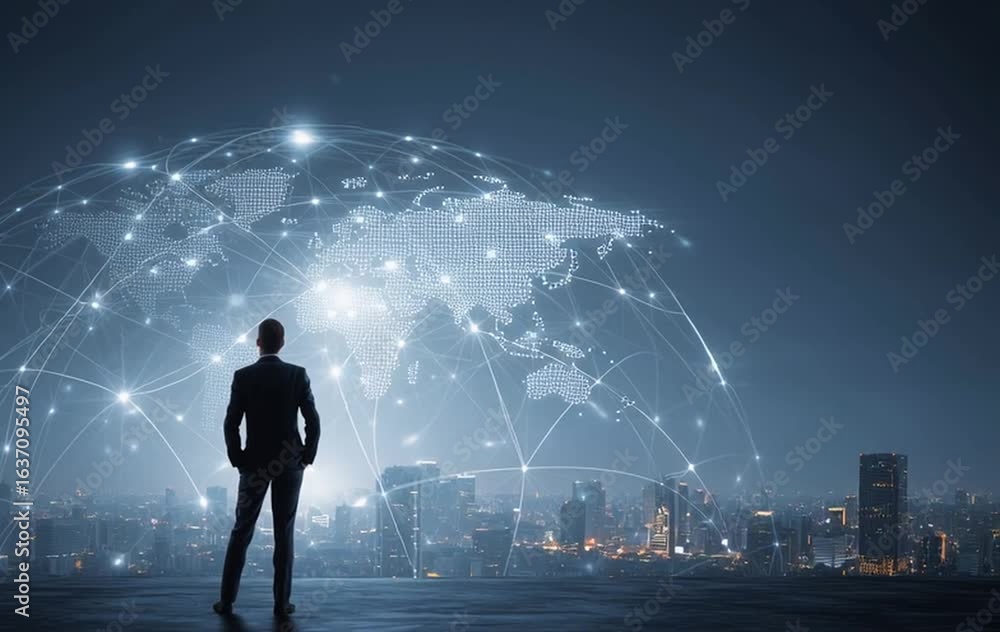 Poster businessman standing in front of a world map with a global network connection, digital cloud technol