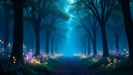 Fototapeta premium A mystical forest path with soft glow, transporting viewers to a realm of enchantment and peace. The scene is bathed in ethereal lighting, with a pathway leading into the distance