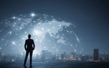 Businessman standing in front of a world map with a global network connection, digital cloud technology, and a city skyline background Generative AI - Powered by Adobe