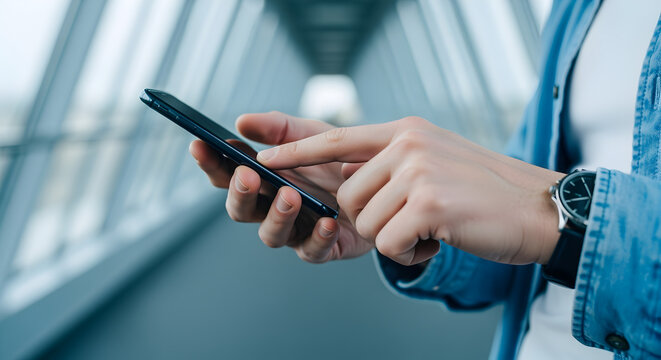 Person Holding Smartphone in Modern Building Wearing Denim Jacket and Watch With Soft Lighting and Blurred Background