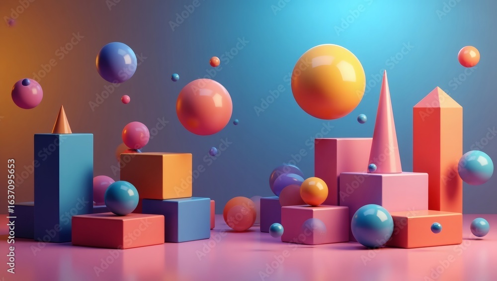 Poster colorful geometric shapes floating and arrangement with a soft gradient background