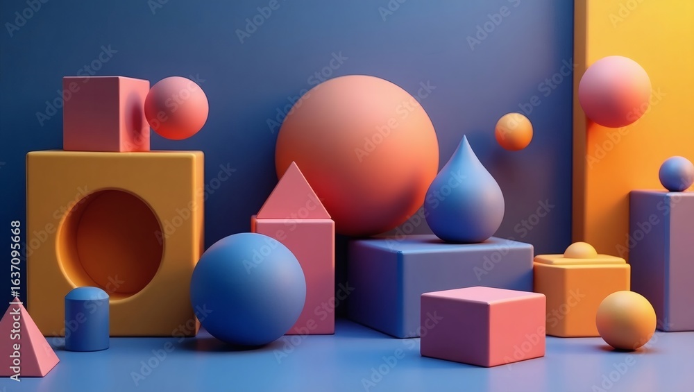 Poster a collection of 3d geometric shapes rendered in vibrant colors, creating a visually engaging composi