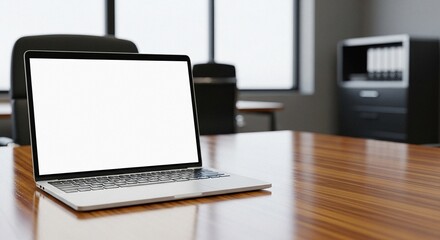 Front view of a laptop with a blank white screen on a wooden table in an office, with a blurred background.	