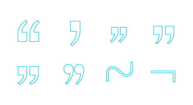 A collection of eight light blue punctuation mark icons, including various quotation marks, a tilde, and a dash, presented in a modern outline style.