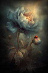 Enchanted Peony: A delicate peony, adorned with droplets, exudes an ethereal charm, embraced by soft lighting and delicate colors, and a charming little creature.
