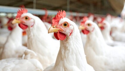 Fototapeta premium Close-up of white chickens in a farm setting