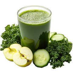 A vibrant green healthy smoothie made with fresh kale apple and cucumber presented as an isolated object on a transparent background isolated on transparent background