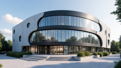 Fototapeta premium Modern Architectural Building Facade with Concrete Walls and Glass Windows
