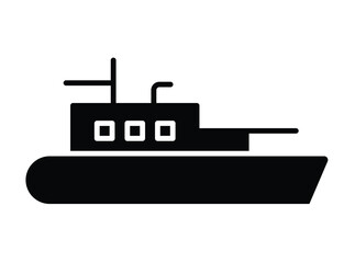 Black Silhouette of Tugboat on Simple White Background for Vector Design