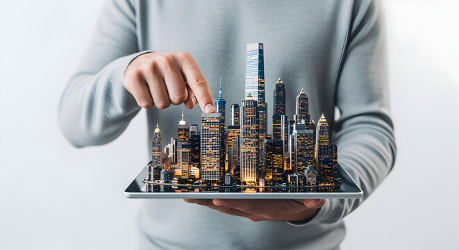 Person Holding Tablet Displaying Illuminated Cityscape Model Against a White Background