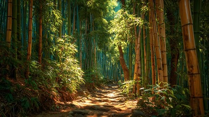 Obraz premium Sunlit Path Through a Lush Bamboo Forest