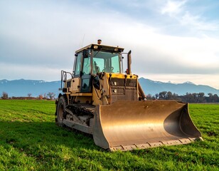 Yellow tractor with blade in grassy field