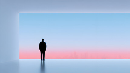 Obraz premium A silhouette of a man stands before a large window, looking at a city skyline at dawn. The minimalist, visionary scene is perfect for themes of leadership, success, and the future.