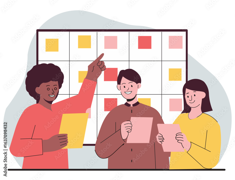 Poster flat vector of a team lead assigning tasks using color-coded sticky notes on a board, team members t