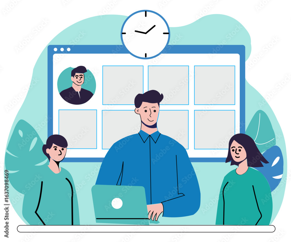 Poster minimal flat vector of a manager calmly assigning urgent last-minute tasks, focused expressions, dig