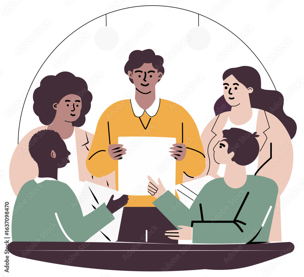 Poster flat vector of team leader sitting at a round table with 4 team members, distributing project tasks 