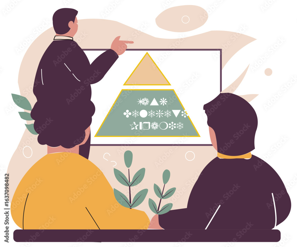 Poster flat design of a corporate training session on how to delegate effectively, trainer pointing to a 't
