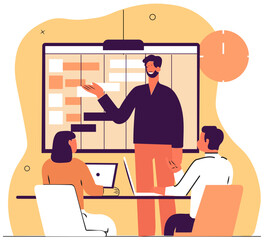 Minimal Flat Design Of A Leader Presenting Gantt Chart To Team Members On Screen In Bright Modern Office