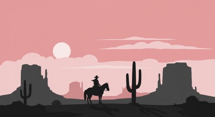 Cowboy riding horse, desert sunset, mesas, cacti. Western illustration