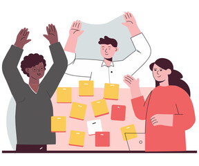 Minimal Flat Design Of A Democratic Team Voting On Roles Using Sticky Notes, Everyone Raising Hands In Cheerful Modern Workplace