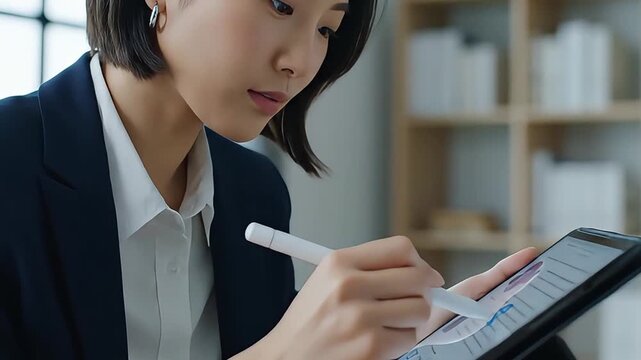 Close-up of Digital Pen Annotating on Tablet in Meeting