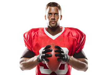 Portrait of American football player in red jersey holding ball against white background